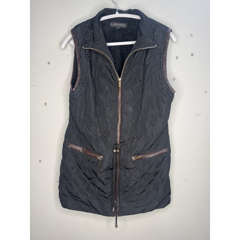LAMASINI Faux Fur Lined Vest Black Brown Large Women's Drawstring Waist Flawed‎